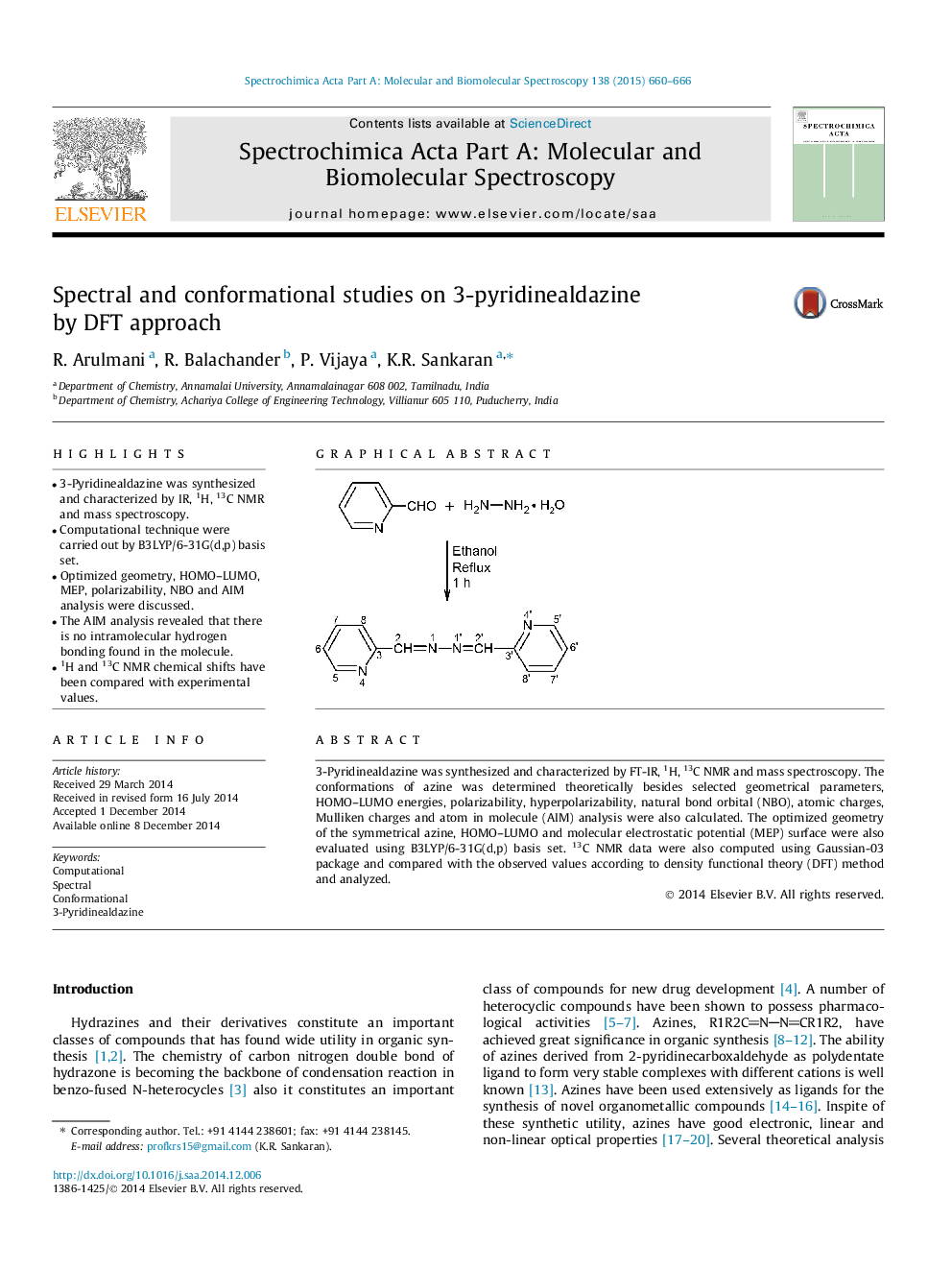 Spectral and conformational studies on 3-pyridinealdazine by DFT approach