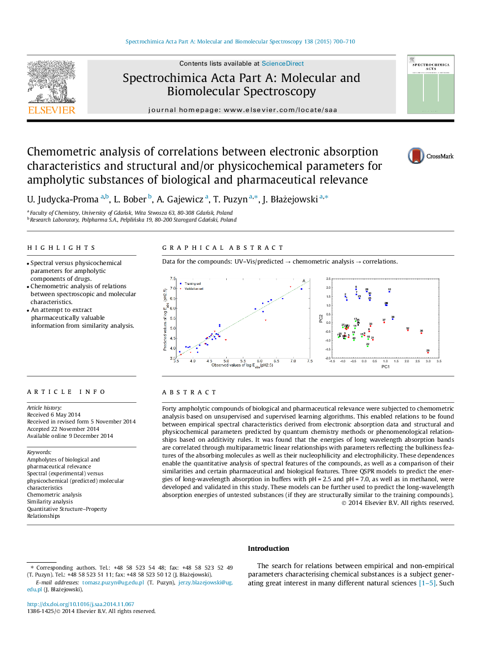 Chemometric analysis of correlations between electronic absorption characteristics and structural and/or physicochemical parameters for ampholytic substances of biological and pharmaceutical relevance