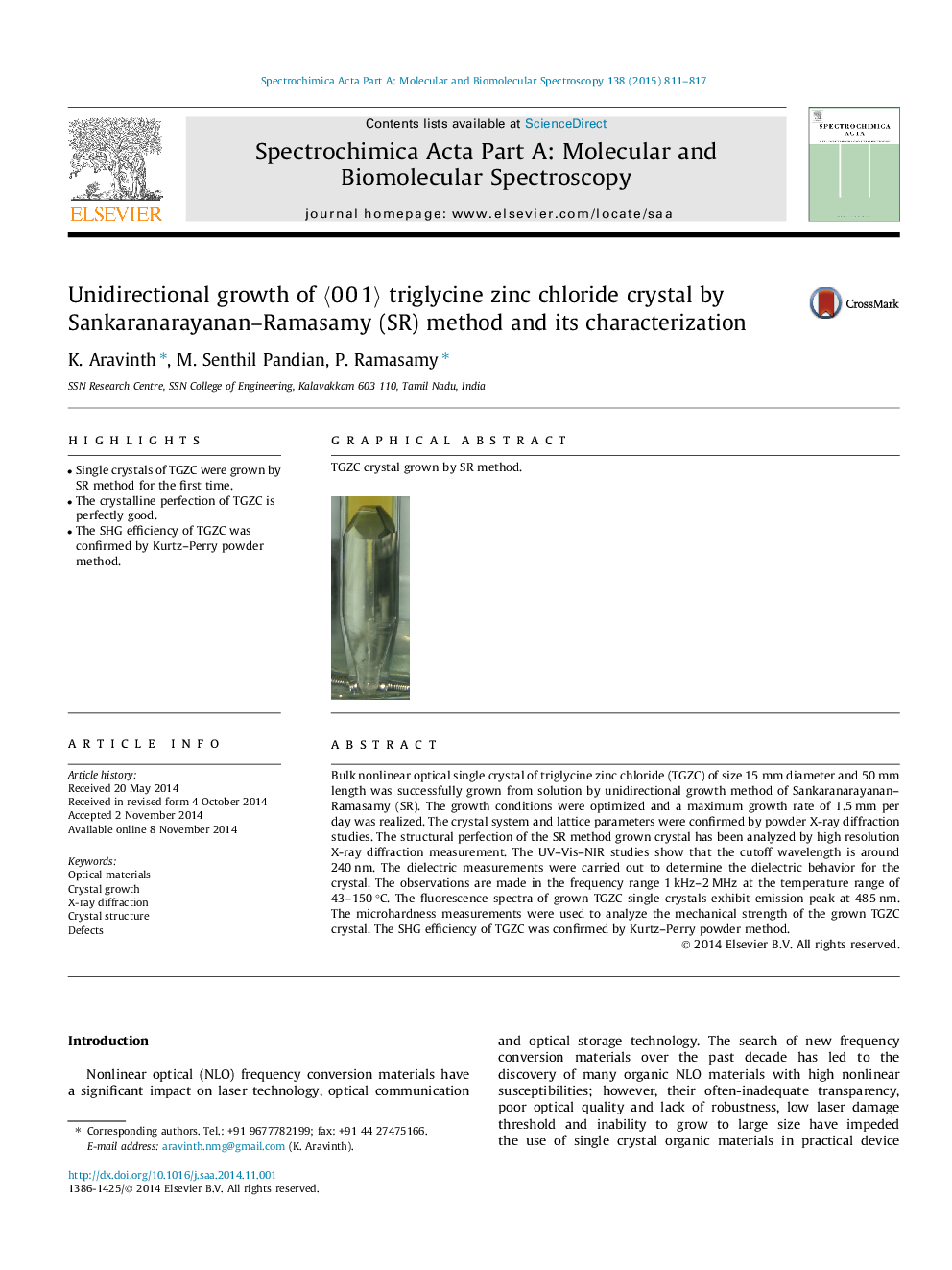 Unidirectional growth of 〈0 0 1〉 triglycine zinc chloride crystal by Sankaranarayanan–Ramasamy (SR) method and its characterization