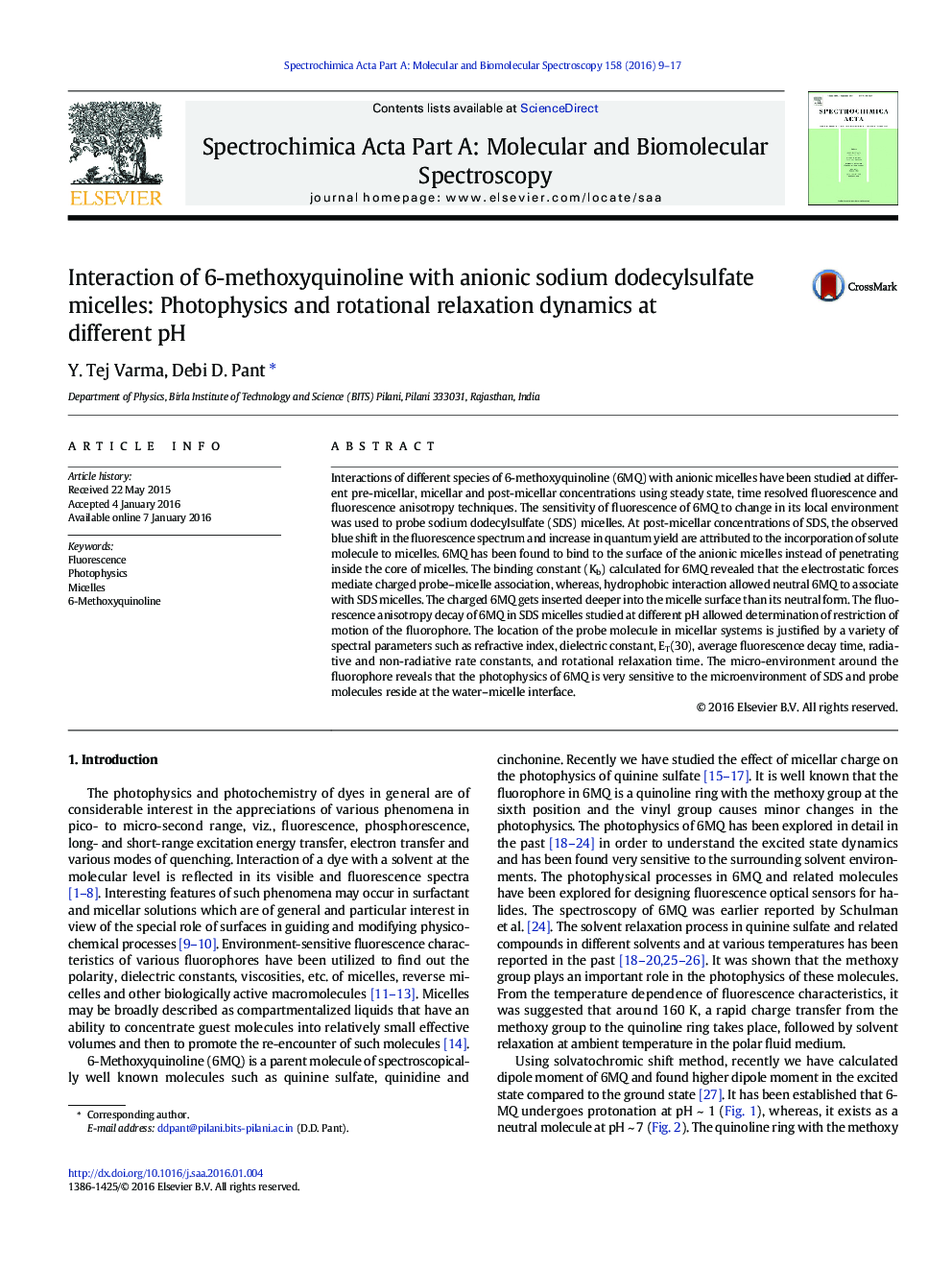 Interaction of 6-methoxyquinoline with anionic sodium dodecylsulfate micelles: Photophysics and rotational relaxation dynamics at different pH