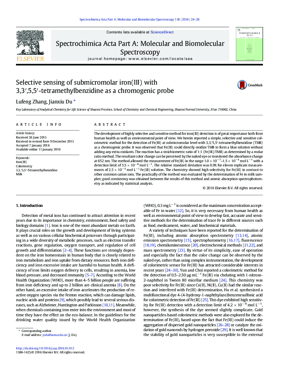 Selective sensing of submicromolar iron(III) with 3,3′,5,5′-tetramethylbenzidine as a chromogenic probe