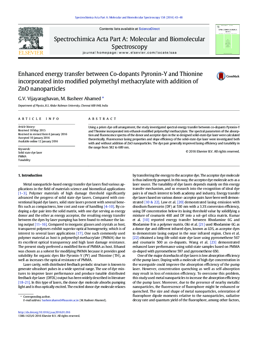 Enhanced energy transfer between Co-dopants Pyronin-Y and Thionine incorporated into modified polymethyl methacrylate with addition of ZnO nanoparticles