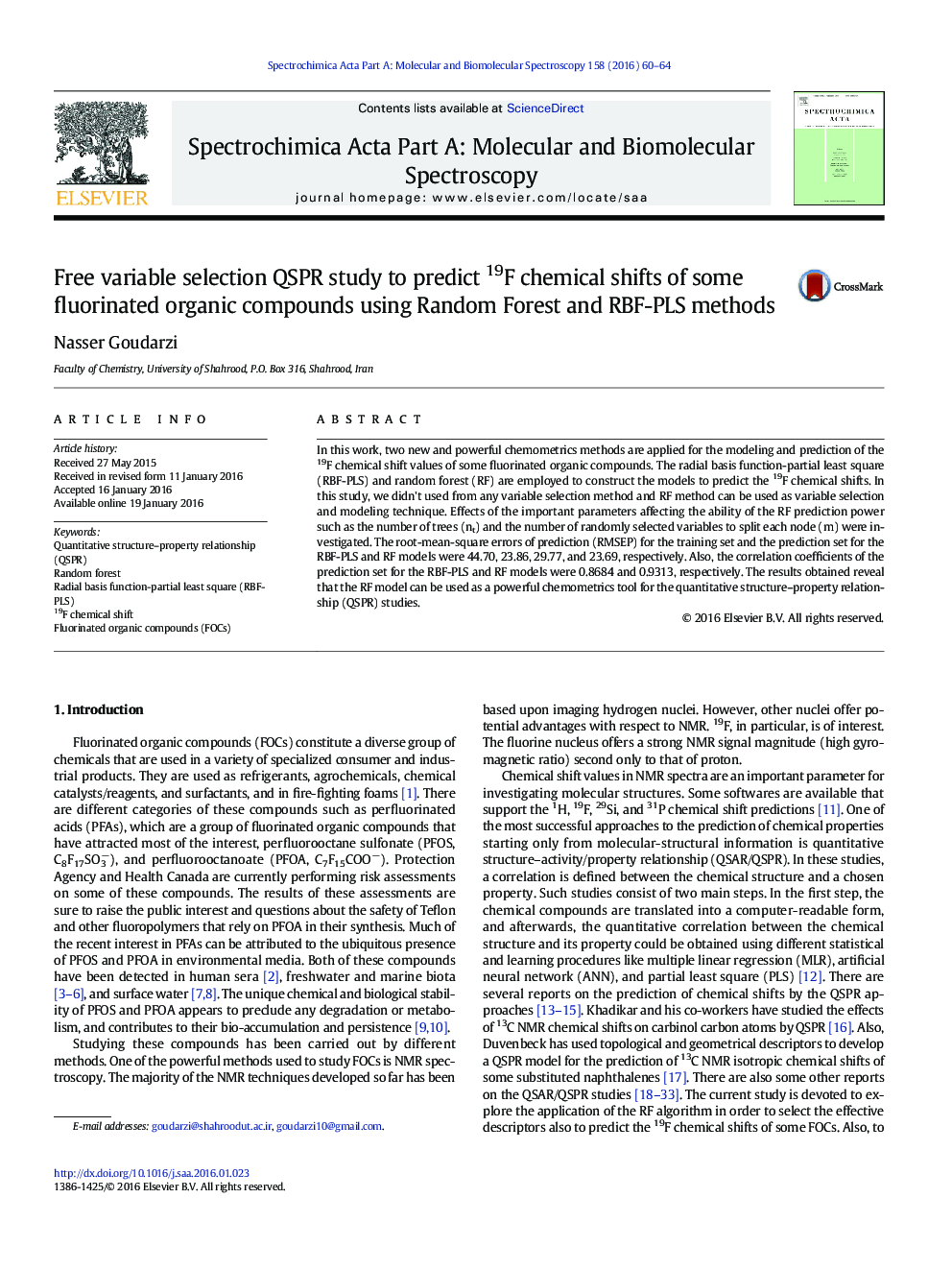 Free variable selection QSPR study to predict 19F chemical shifts of some fluorinated organic compounds using Random Forest and RBF-PLS methods