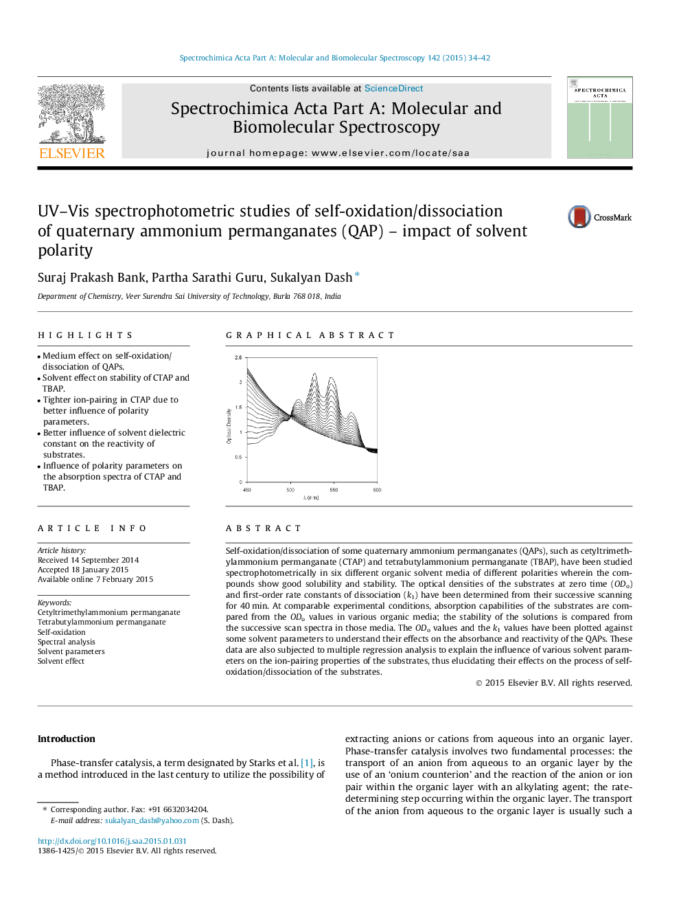 UV–Vis spectrophotometric studies of self-oxidation/dissociation of quaternary ammonium permanganates (QAP) – impact of solvent polarity