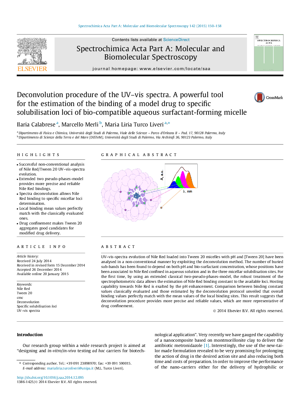 Deconvolution procedure of the UV–vis spectra. A powerful tool for the estimation of the binding of a model drug to specific solubilisation loci of bio-compatible aqueous surfactant-forming micelle