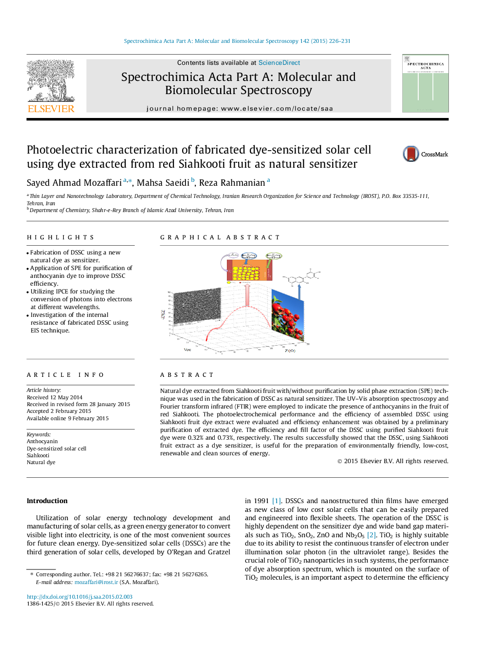 Photoelectric characterization of fabricated dye-sensitized solar cell using dye extracted from red Siahkooti fruit as natural sensitizer