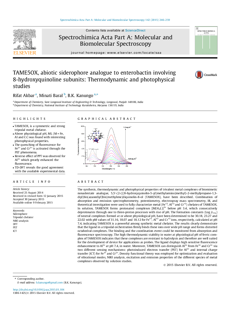 TAME5OX, abiotic siderophore analogue to enterobactin involving 8-hydroxyquinoline subunits: Thermodynamic and photophysical studies