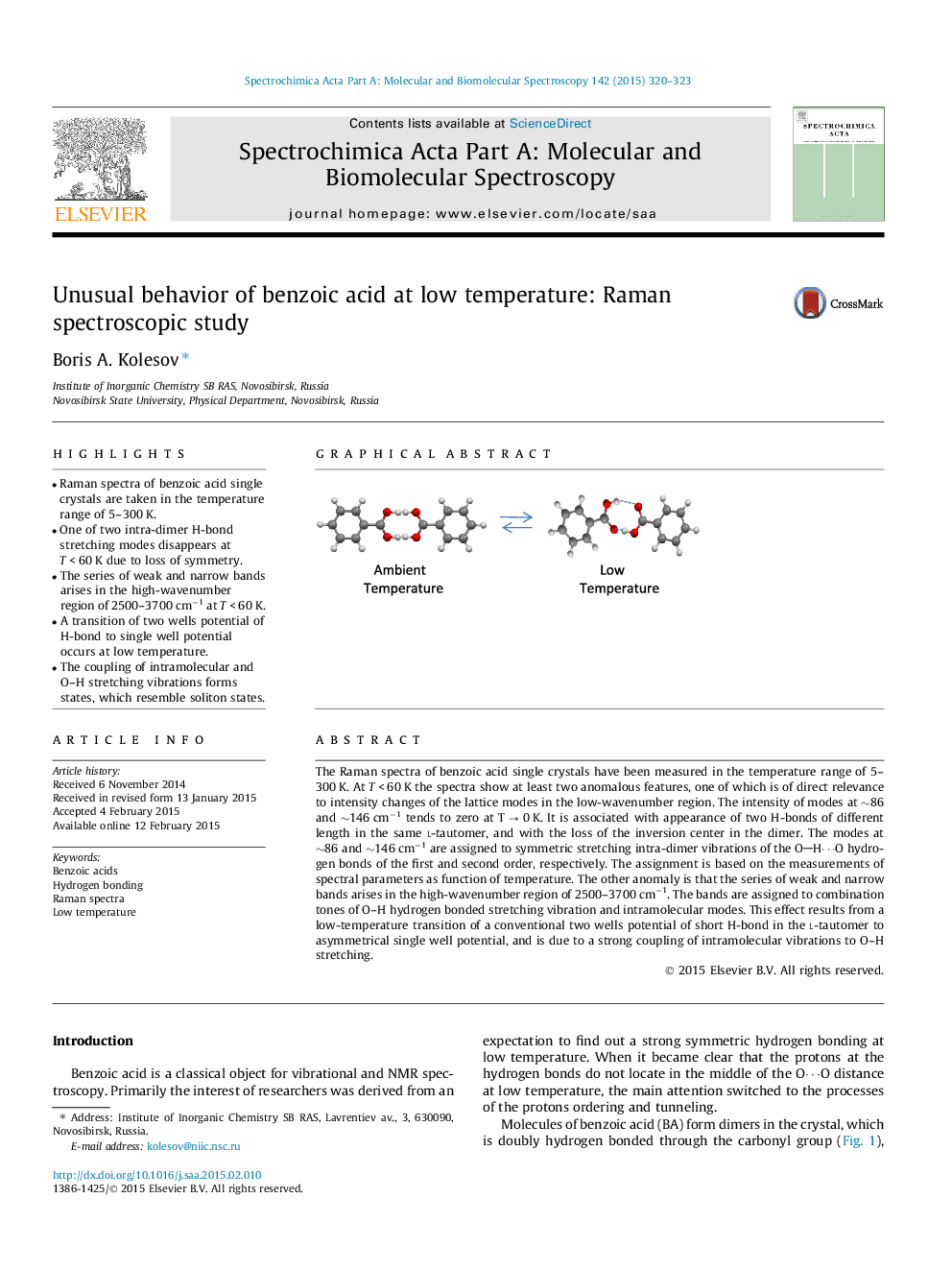 Unusual behavior of benzoic acid at low temperature: Raman spectroscopic study