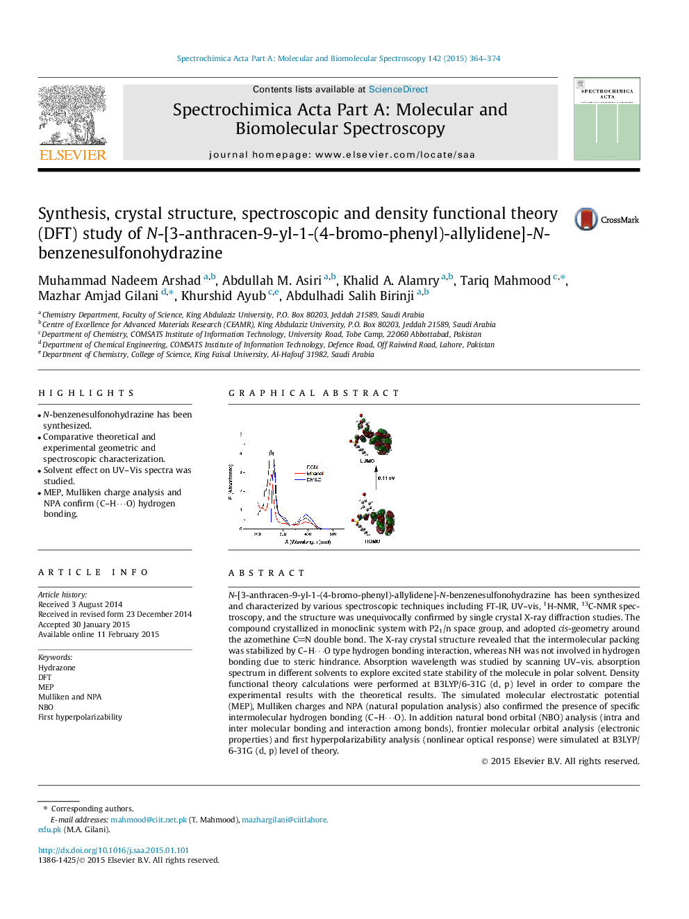 Synthesis, crystal structure, spectroscopic and density functional theory (DFT) study of N-[3-anthracen-9-yl-1-(4-bromo-phenyl)-allylidene]-N-benzenesulfonohydrazine