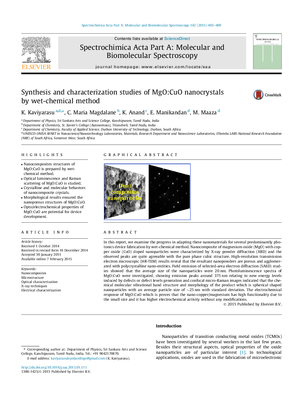 Synthesis and characterization studies of MgO:CuO nanocrystals by wet-chemical method