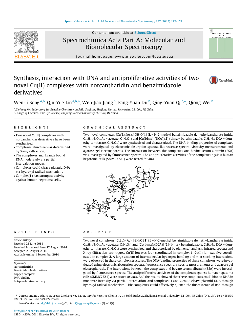 Synthesis, interaction with DNA and antiproliferative activities of two novel Cu(II) complexes with norcantharidin and benzimidazole derivatives