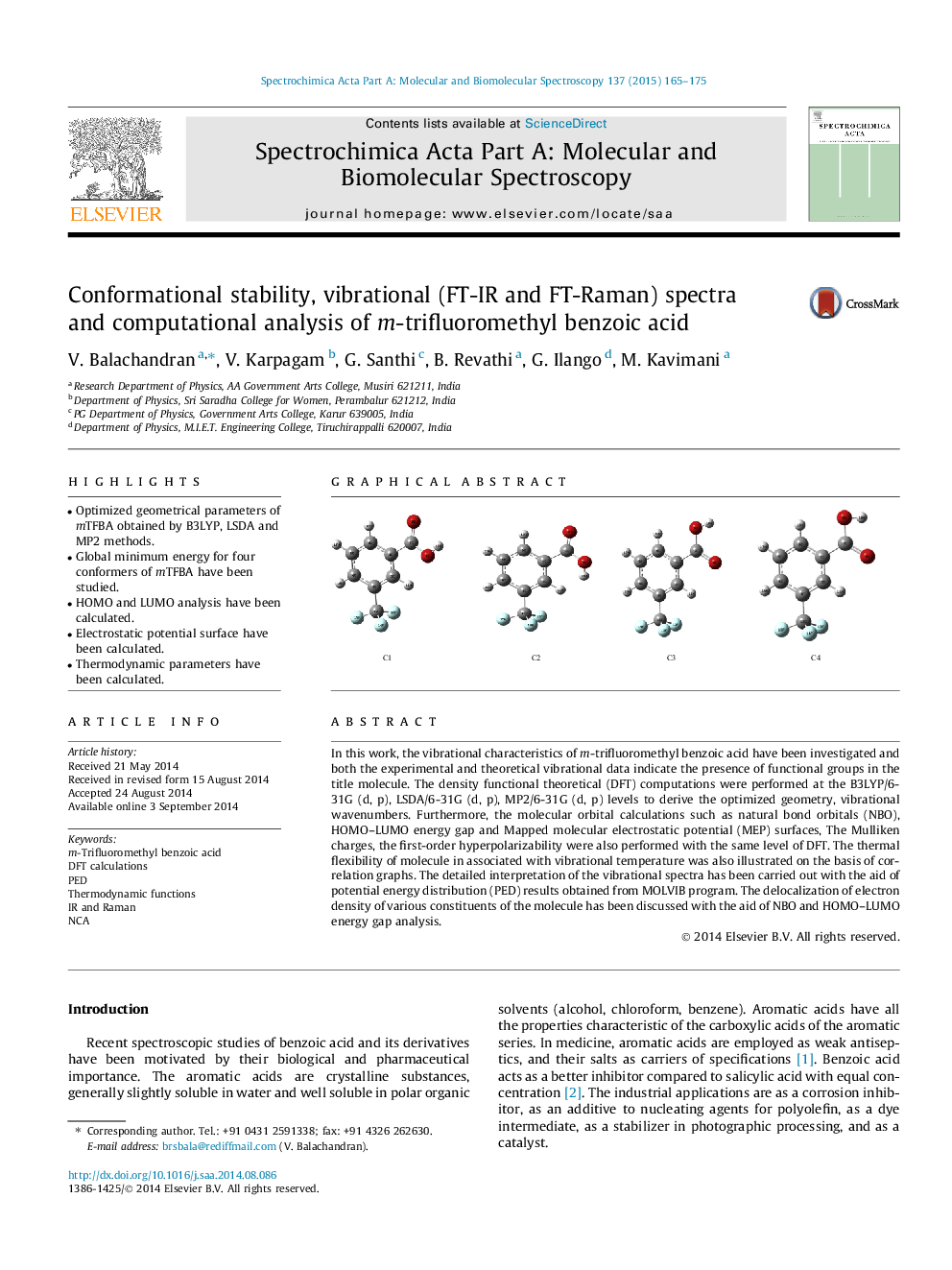 Conformational stability, vibrational (FT-IR and FT-Raman) spectra and computational analysis of m-trifluoromethyl benzoic acid