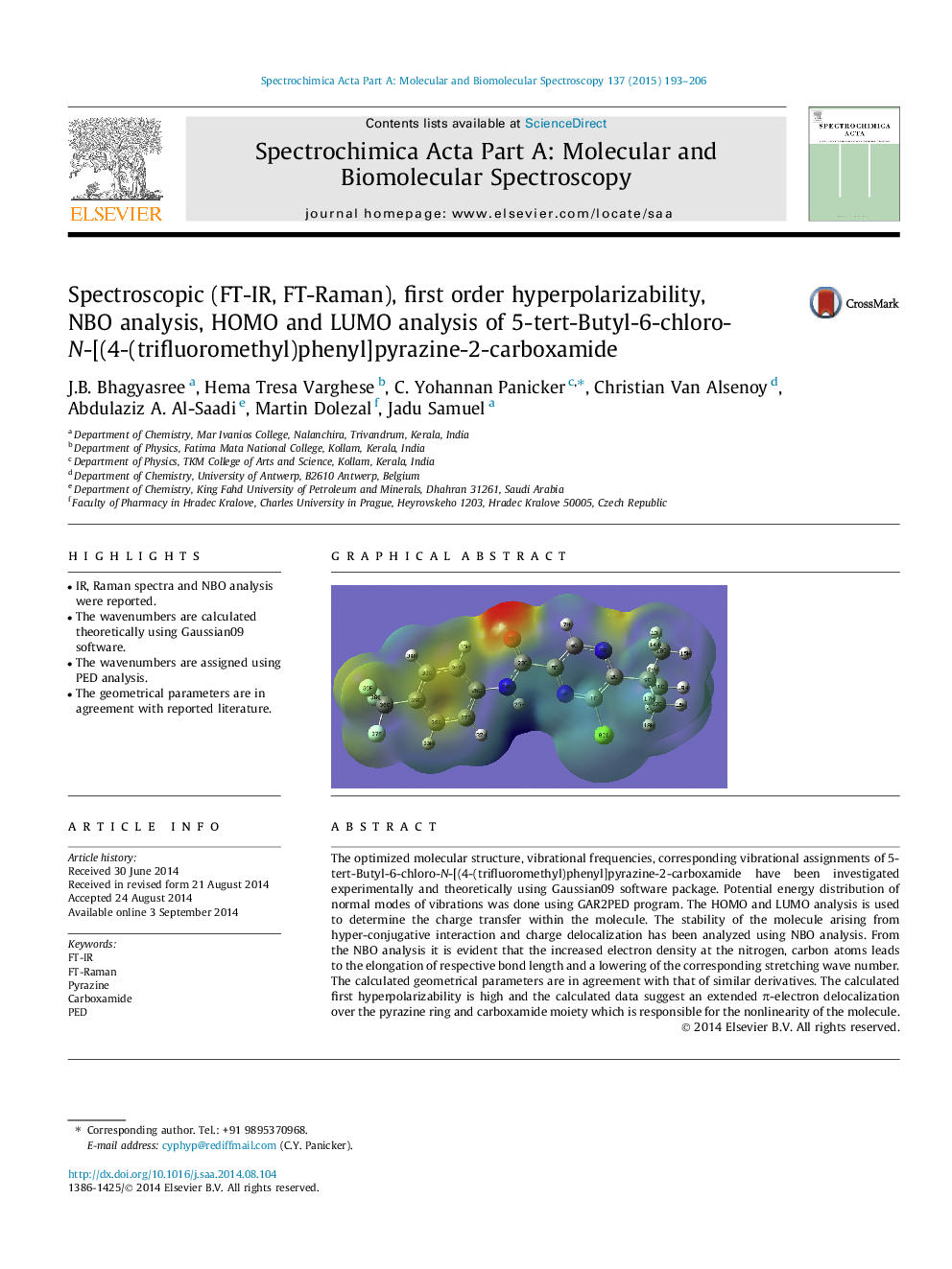 Spectroscopic (FT-IR, FT-Raman), first order hyperpolarizability, NBO analysis, HOMO and LUMO analysis of 5-tert-Butyl-6-chloro-N-[(4-(trifluoromethyl)phenyl]pyrazine-2-carboxamide