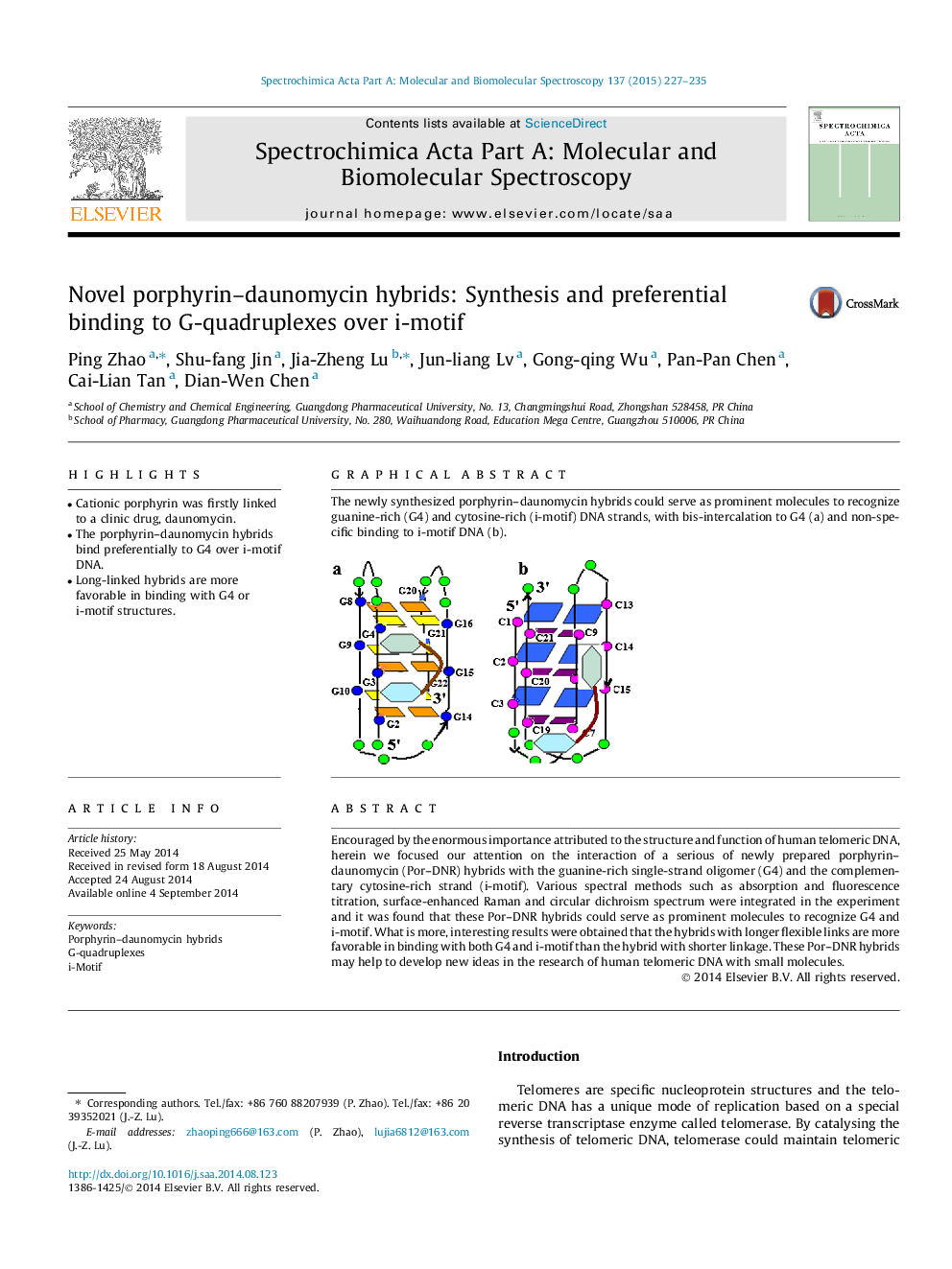 Novel porphyrin–daunomycin hybrids: Synthesis and preferential binding to G-quadruplexes over i-motif