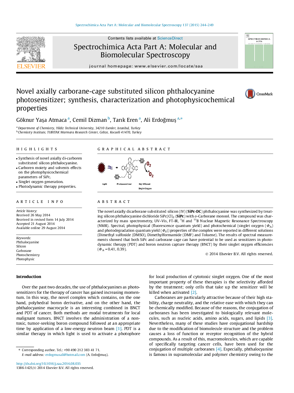 Novel axially carborane-cage substituted silicon phthalocyanine photosensitizer; synthesis, characterization and photophysicochemical properties