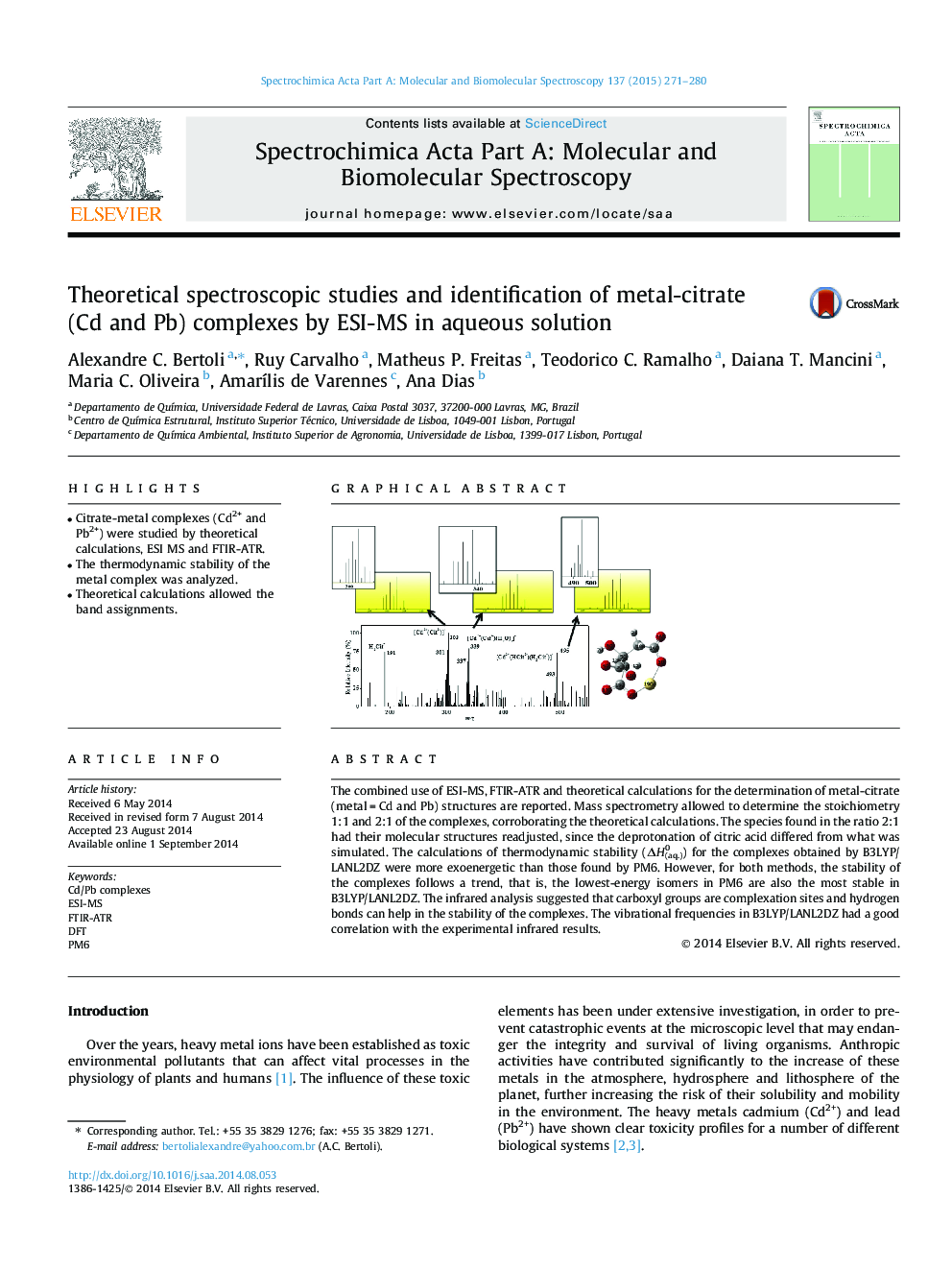 Theoretical spectroscopic studies and identification of metal-citrate (Cd and Pb) complexes by ESI-MS in aqueous solution