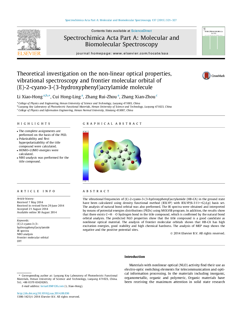 Theoretical investigation on the non-linear optical properties, vibrational spectroscopy and frontier molecular orbital of (E)-2-cyano-3-(3-hydroxyphenyl)acrylamide molecule