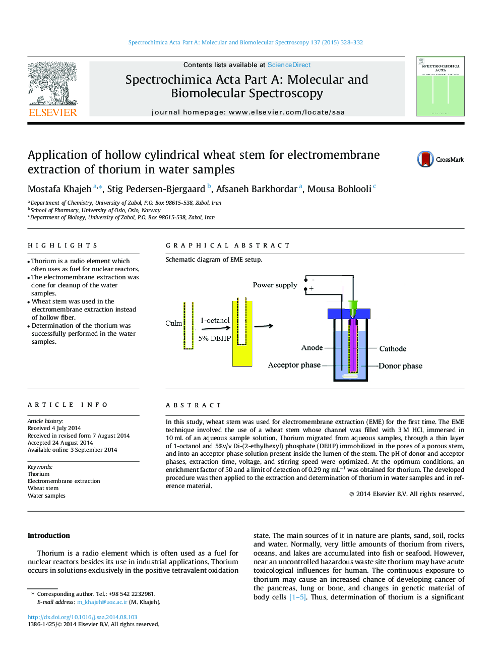 Application of hollow cylindrical wheat stem for electromembrane extraction of thorium in water samples