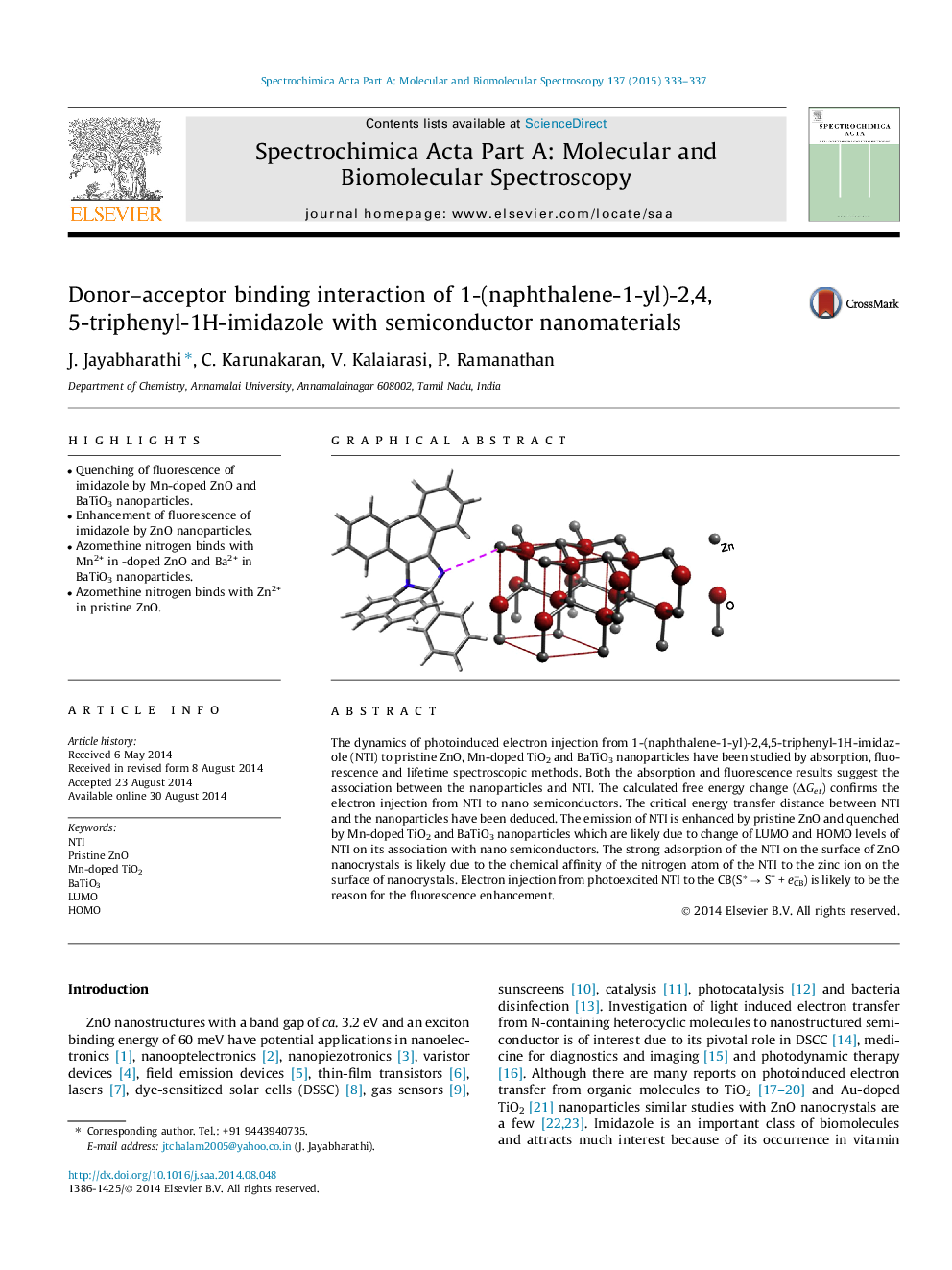 Donor–acceptor binding interaction of 1-(naphthalene-1-yl)-2,4,5-triphenyl-1H-imidazole with semiconductor nanomaterials