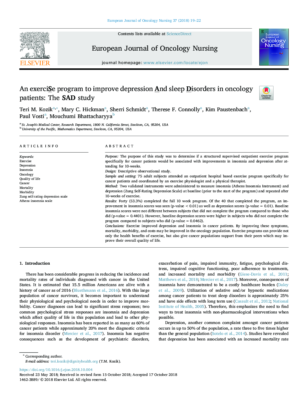 An exerciSe program to improve depression And sleep Disorders in oncology patients: The SAD study