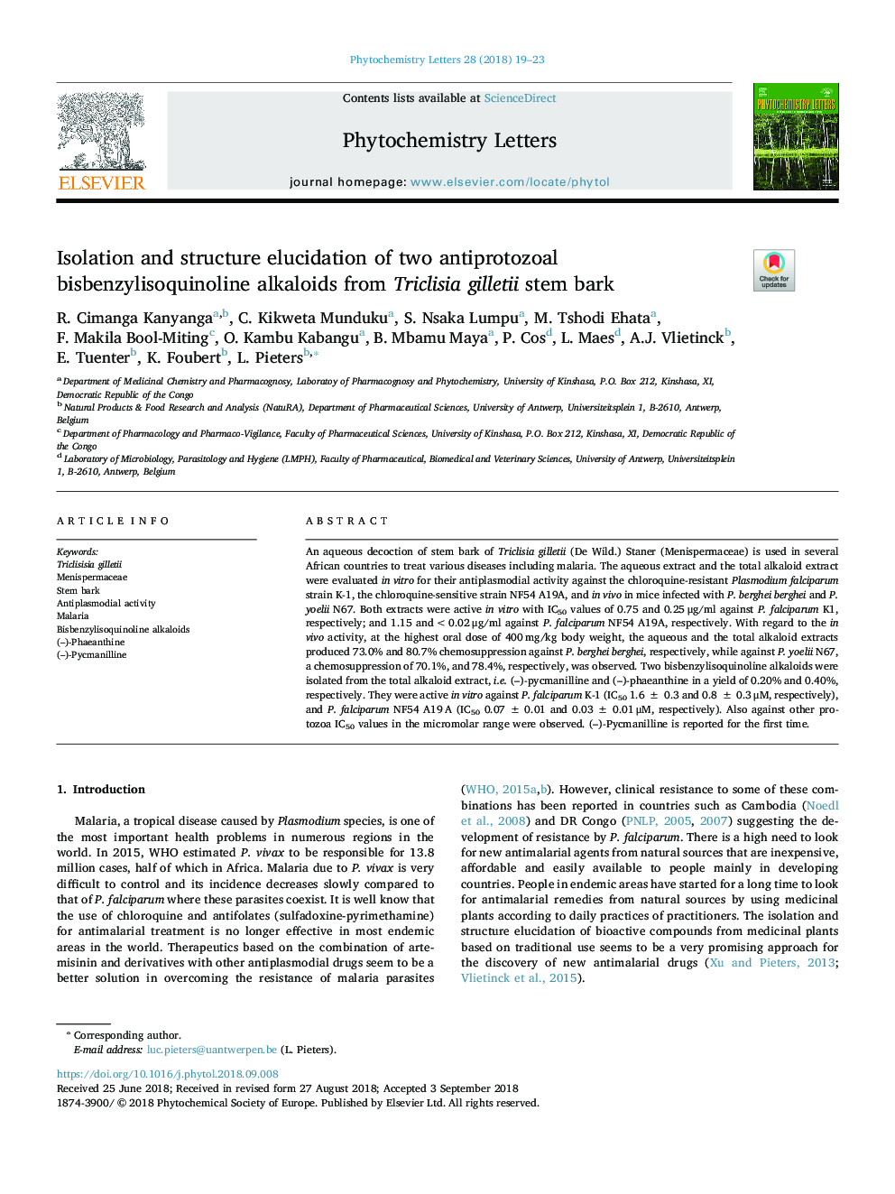 Isolation and structure elucidation of two antiprotozoal bisbenzylisoquinoline alkaloids from Triclisia gilletii stem bark