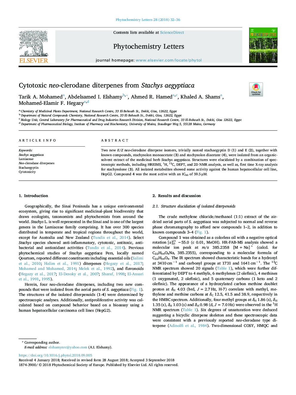 Cytotoxic neo-clerodane diterpenes from Stachys aegyptiaca