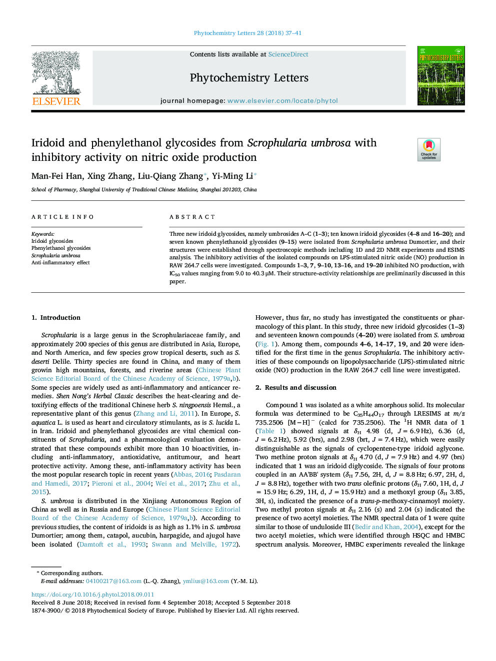 Iridoid and phenylethanol glycosides from Scrophularia umbrosa with inhibitory activity on nitric oxide production