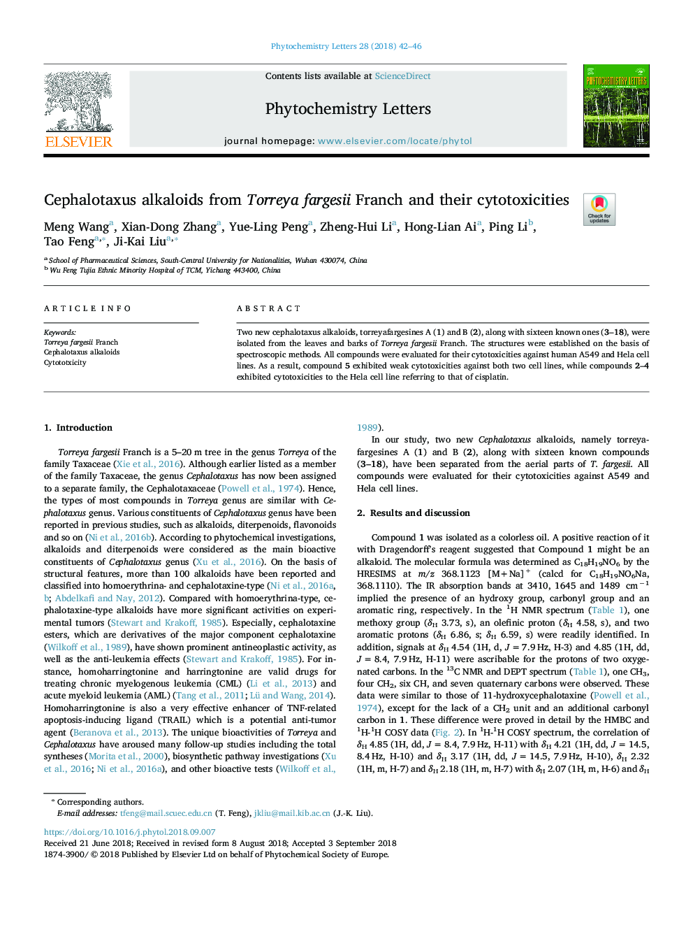 Cephalotaxus alkaloids from Torreya fargesii Franch and their cytotoxicities