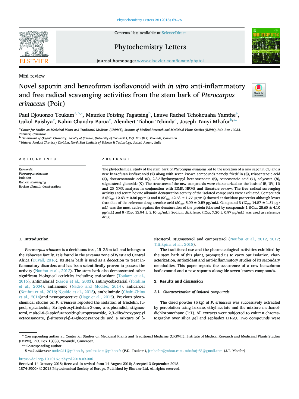 Novel saponin and benzofuran isoflavonoid with in vitro anti-inflammatory and free radical scavenging activities from the stem bark of Pterocarpus erinaceus (Poir)