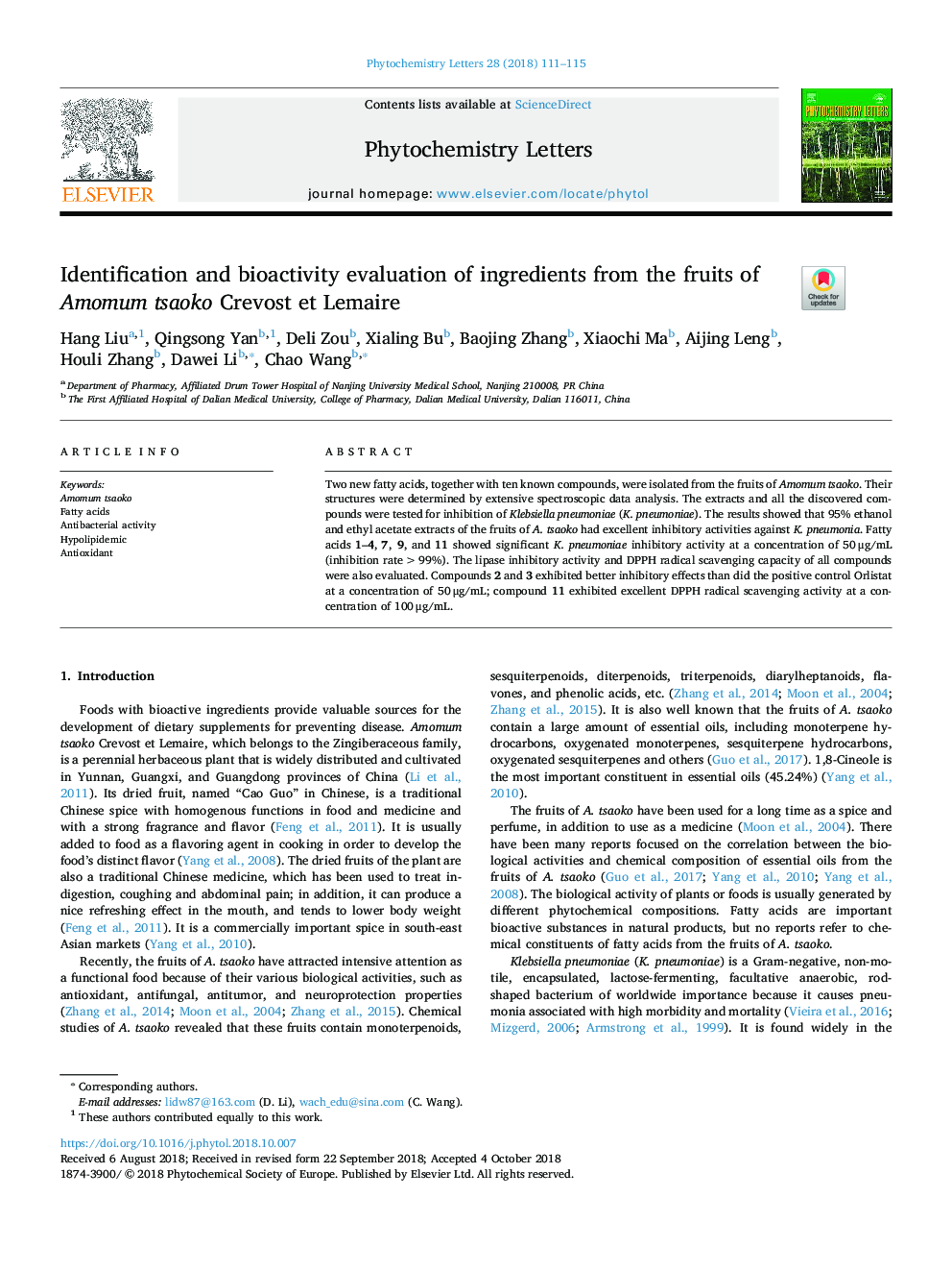 Identification and bioactivity evaluation of ingredients from the fruits of Amomum tsaoko Crevost et Lemaire