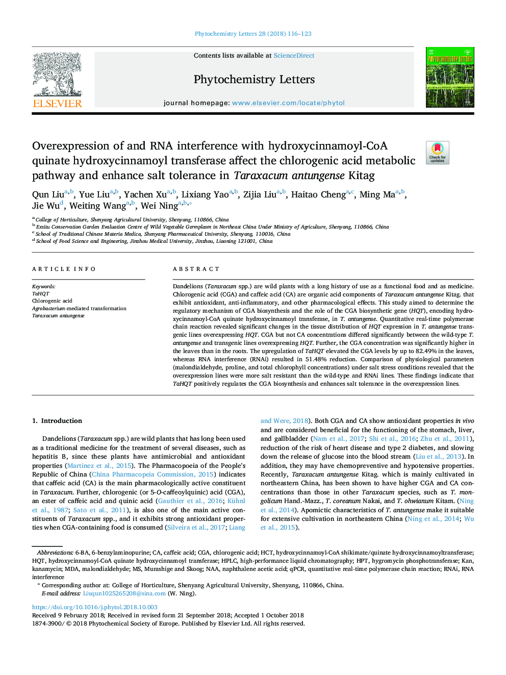 Overexpression of and RNA interference with hydroxycinnamoyl-CoA quinate hydroxycinnamoyl transferase affect the chlorogenic acid metabolic pathway and enhance salt tolerance in Taraxacum antungense Kitag