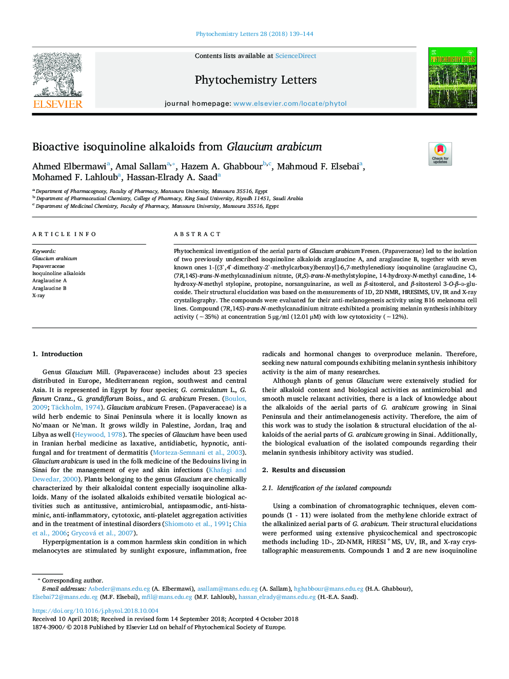 Bioactive isoquinoline alkaloids from Glaucium arabicum