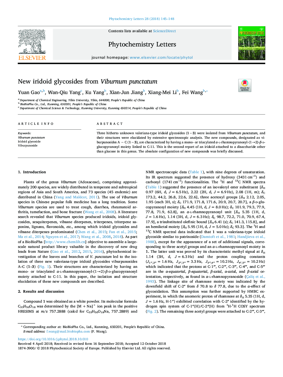 New iridoid glycosides from Viburnum punctatum