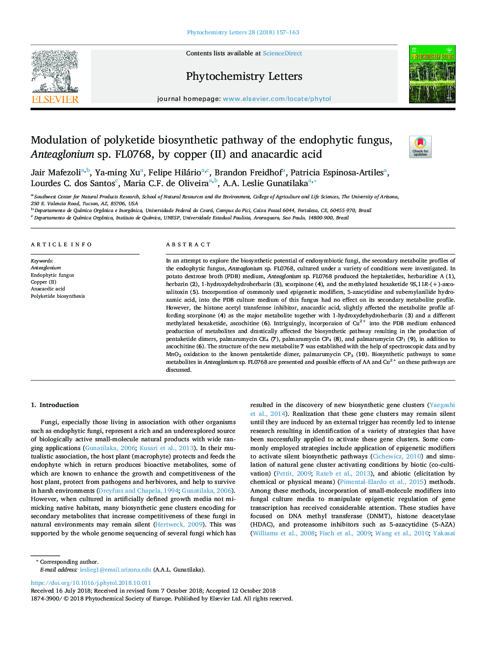 Modulation of polyketide biosynthetic pathway of the endophytic fungus, Anteaglonium sp. FL0768, by copper (II) and anacardic acid