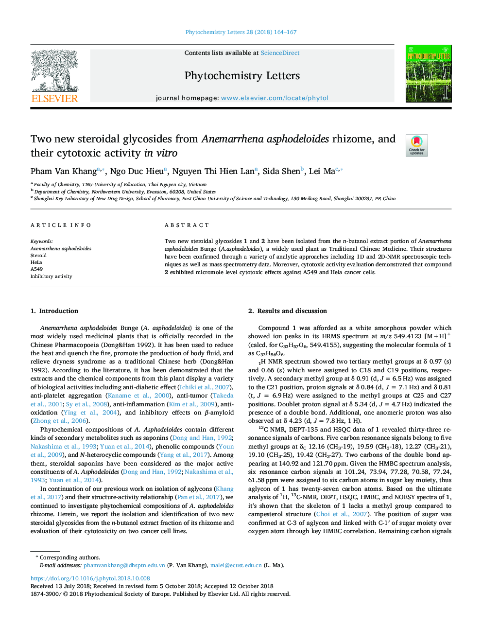 Two new steroidal glycosides from Anemarrhena asphodeloides rhizome, and their cytotoxic activity in vitro