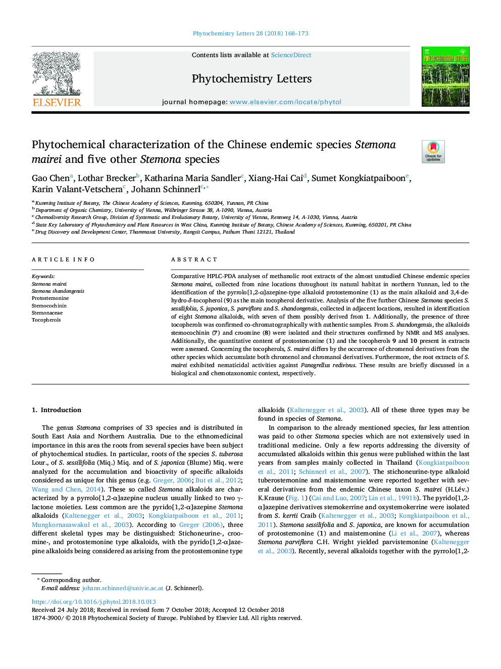 Phytochemical characterization of the Chinese endemic species Stemona mairei and five other Stemona species