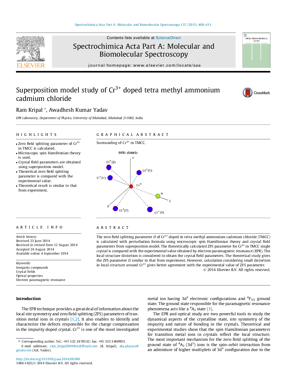 Superposition model study of Cr3+ doped tetra methyl ammonium cadmium chloride