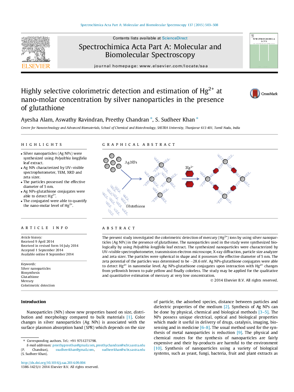 Highly selective colorimetric detection and estimation of Hg2+ at nano-molar concentration by silver nanoparticles in the presence of glutathione