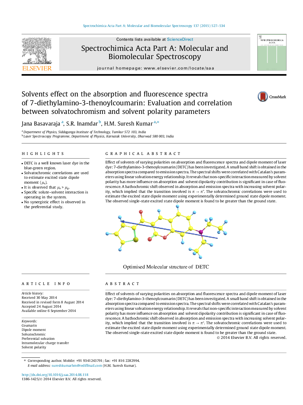 Solvents effect on the absorption and fluorescence spectra of 7-diethylamino-3-thenoylcoumarin: Evaluation and correlation between solvatochromism and solvent polarity parameters