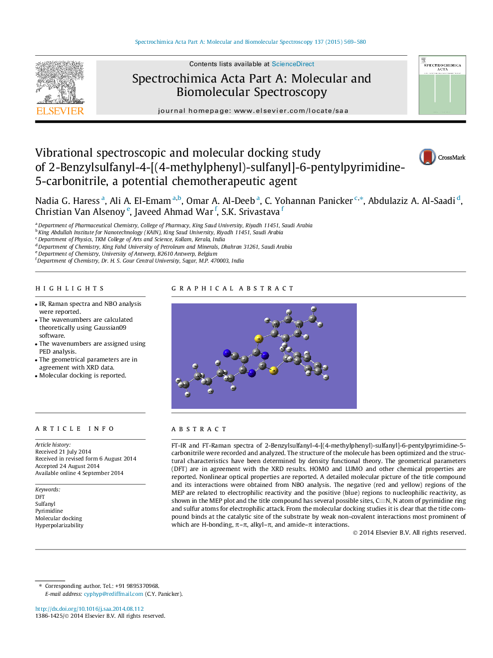 Vibrational spectroscopic and molecular docking study of 2-Benzylsulfanyl-4-[(4-methylphenyl)-sulfanyl]-6-pentylpyrimidine-5-carbonitrile, a potential chemotherapeutic agent