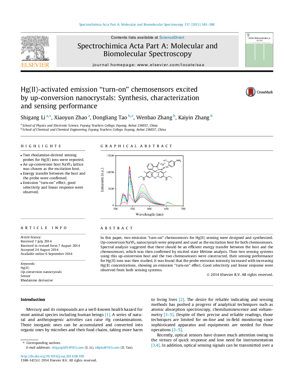 Hg(II)-activated emission “turn-on” chemosensors excited by up-conversion nanocrystals: Synthesis, characterization and sensing performance