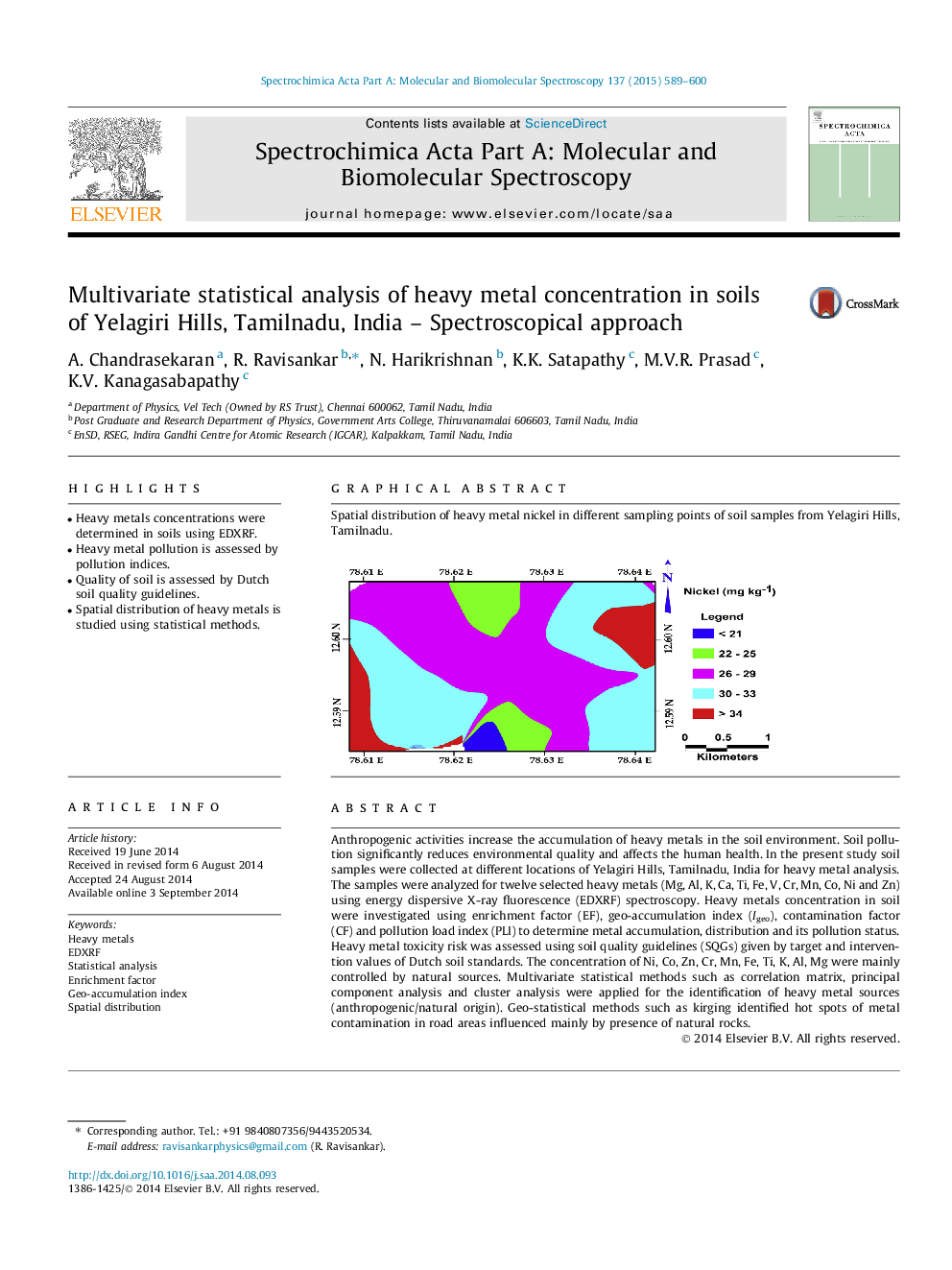 Multivariate statistical analysis of heavy metal concentration in soils of Yelagiri Hills, Tamilnadu, India – Spectroscopical approach