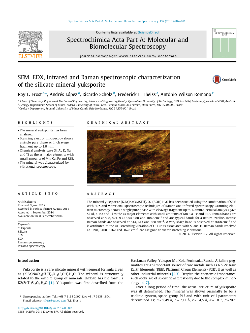 SEM, EDX, Infrared and Raman spectroscopic characterization of the silicate mineral yuksporite