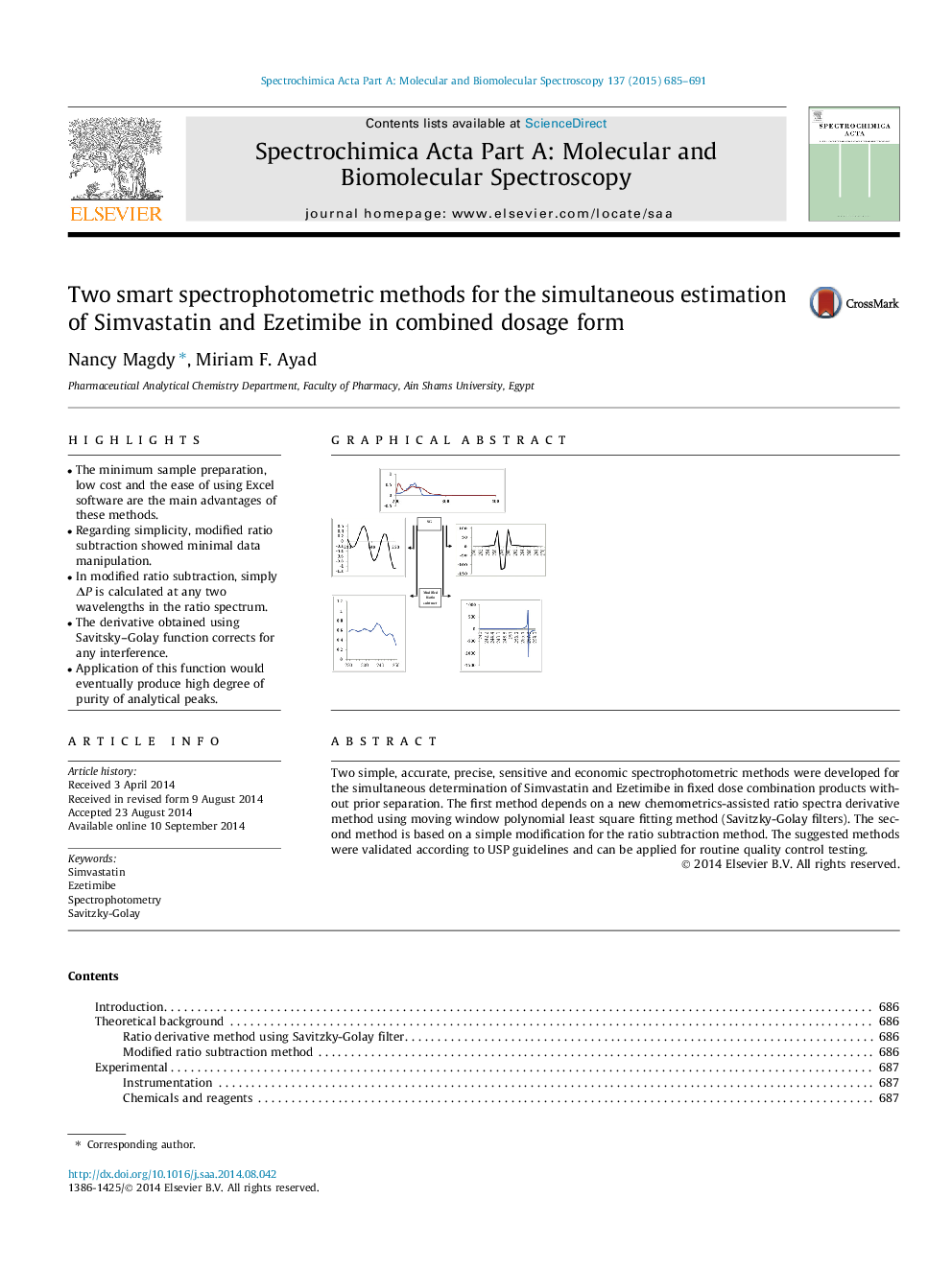 Two smart spectrophotometric methods for the simultaneous estimation of Simvastatin and Ezetimibe in combined dosage form