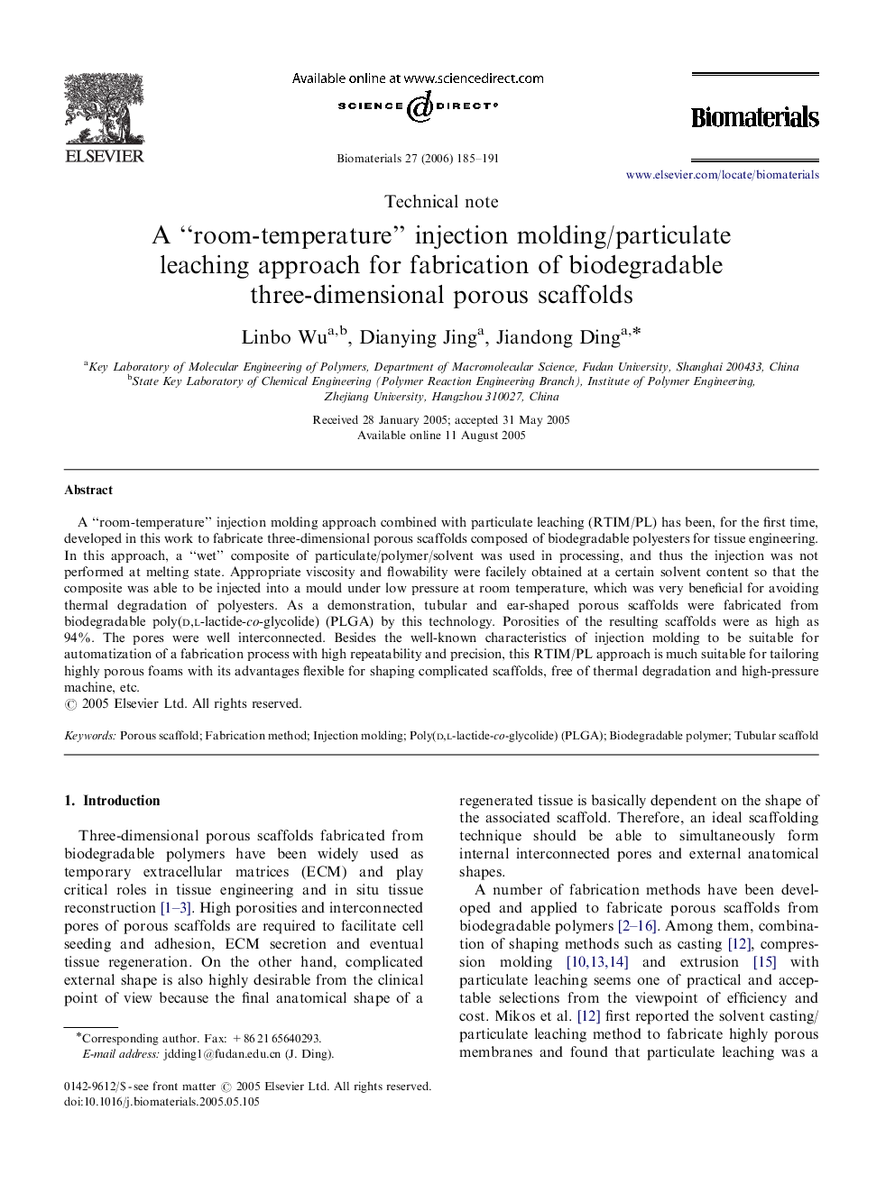 A “room-temperature” injection molding/particulate leaching approach for fabrication of biodegradable three-dimensional porous scaffolds