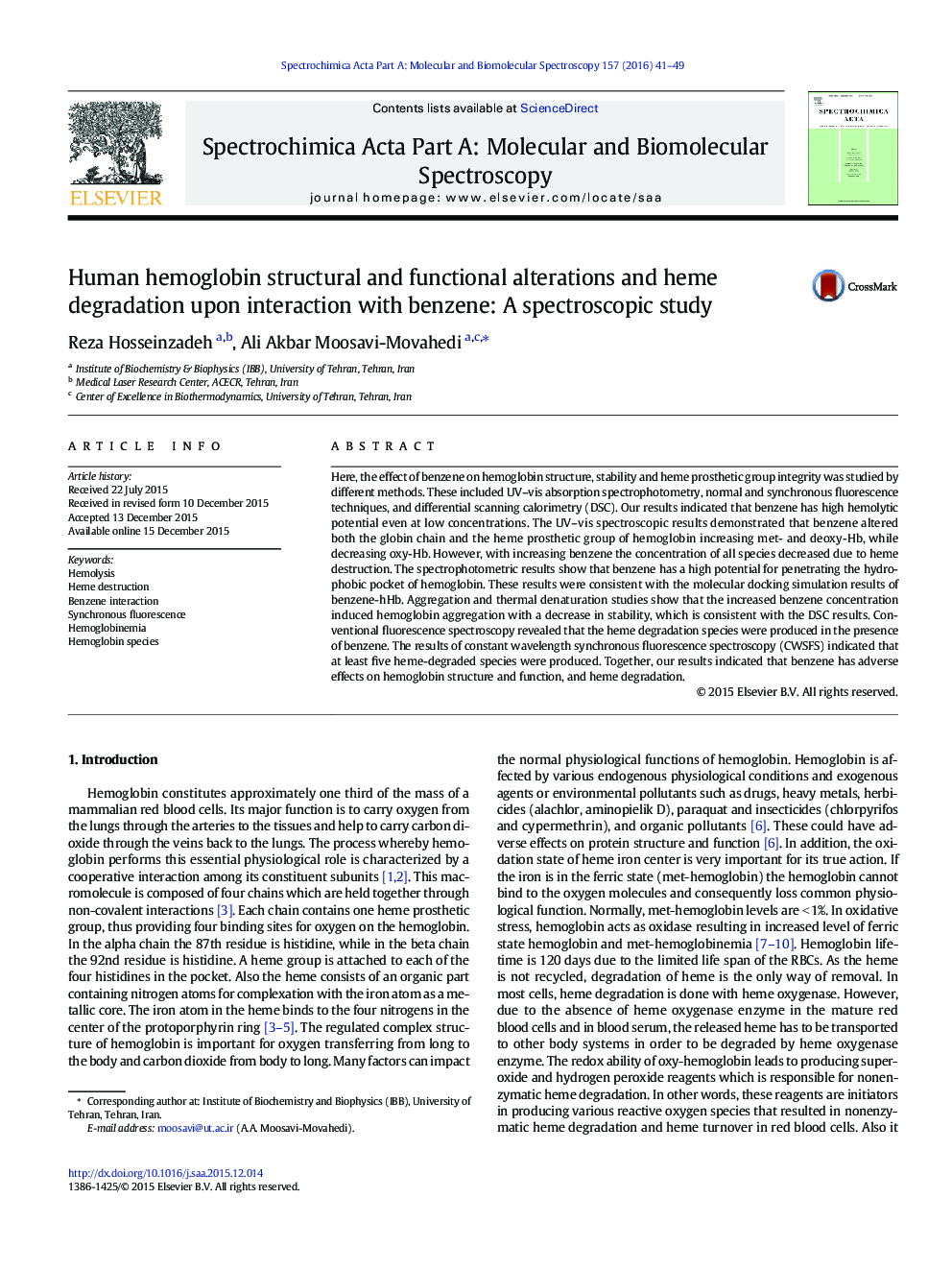 Human hemoglobin structural and functional alterations and heme degradation upon interaction with benzene: A spectroscopic study