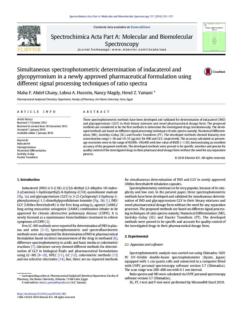 Simultaneous spectrophotometric determination of indacaterol and glycopyrronium in a newly approved pharmaceutical formulation using different signal processing techniques of ratio spectra