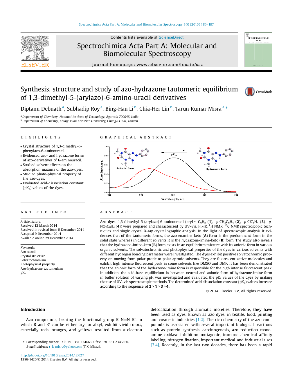 Synthesis, structure and study of azo-hydrazone tautomeric equilibrium of 1,3-dimethyl-5-(arylazo)-6-amino-uracil derivatives