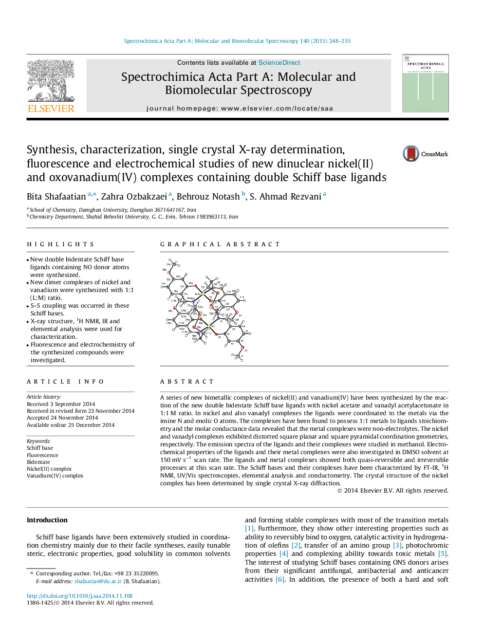 Synthesis, characterization, single crystal X-ray determination, fluorescence and electrochemical studies of new dinuclear nickel(II) and oxovanadium(IV) complexes containing double Schiff base ligands