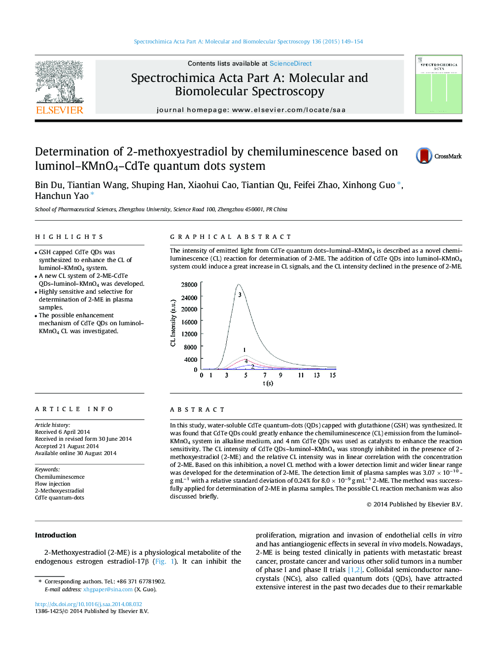 Determination of 2-methoxyestradiol by chemiluminescence based on luminol–KMnO4–CdTe quantum dots system